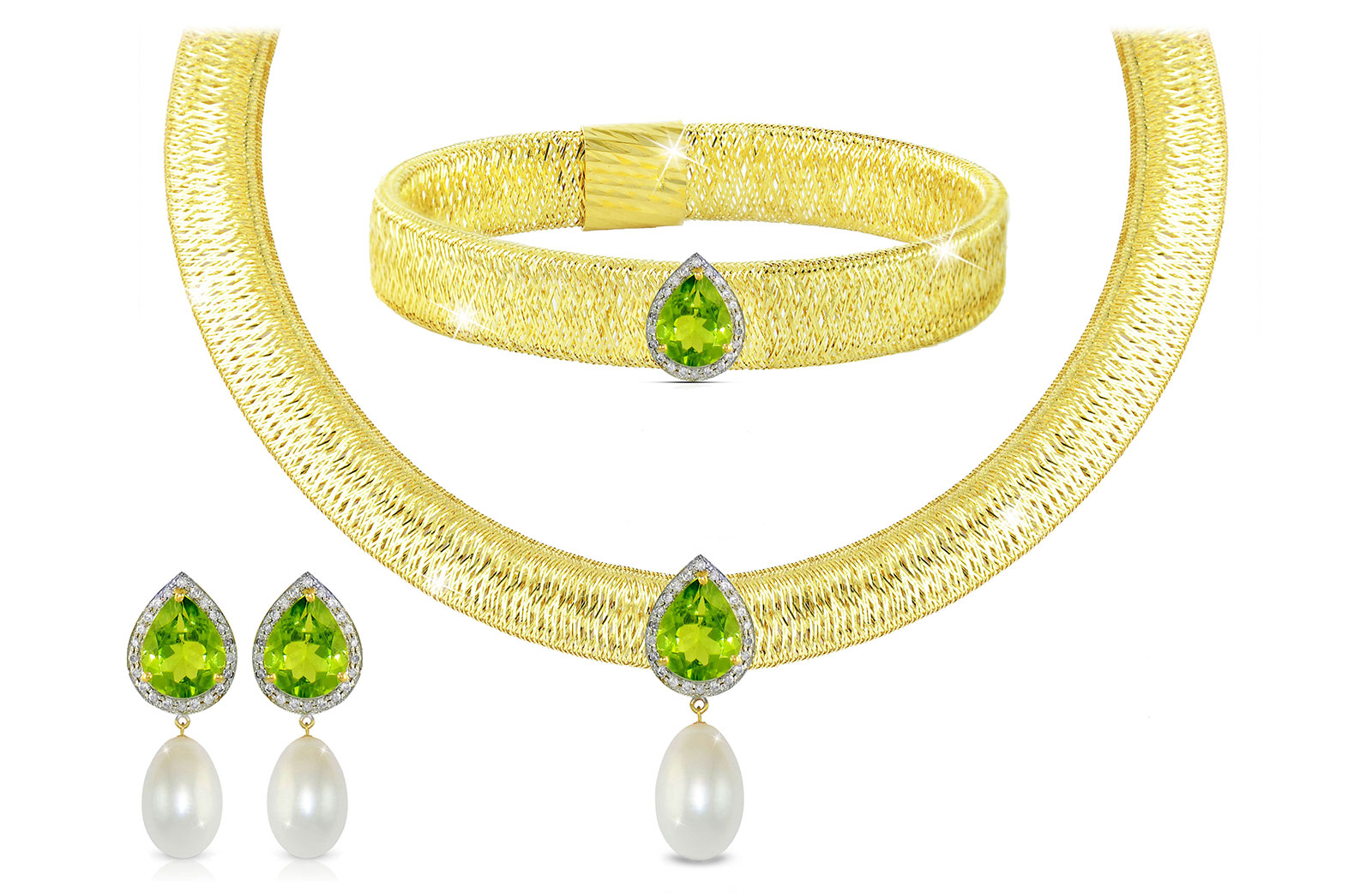 Vera Perla 18K Gold 0.48ct Diamonds, Peridot and 13mm White Pearl Jewelry Set - 3 pcs.